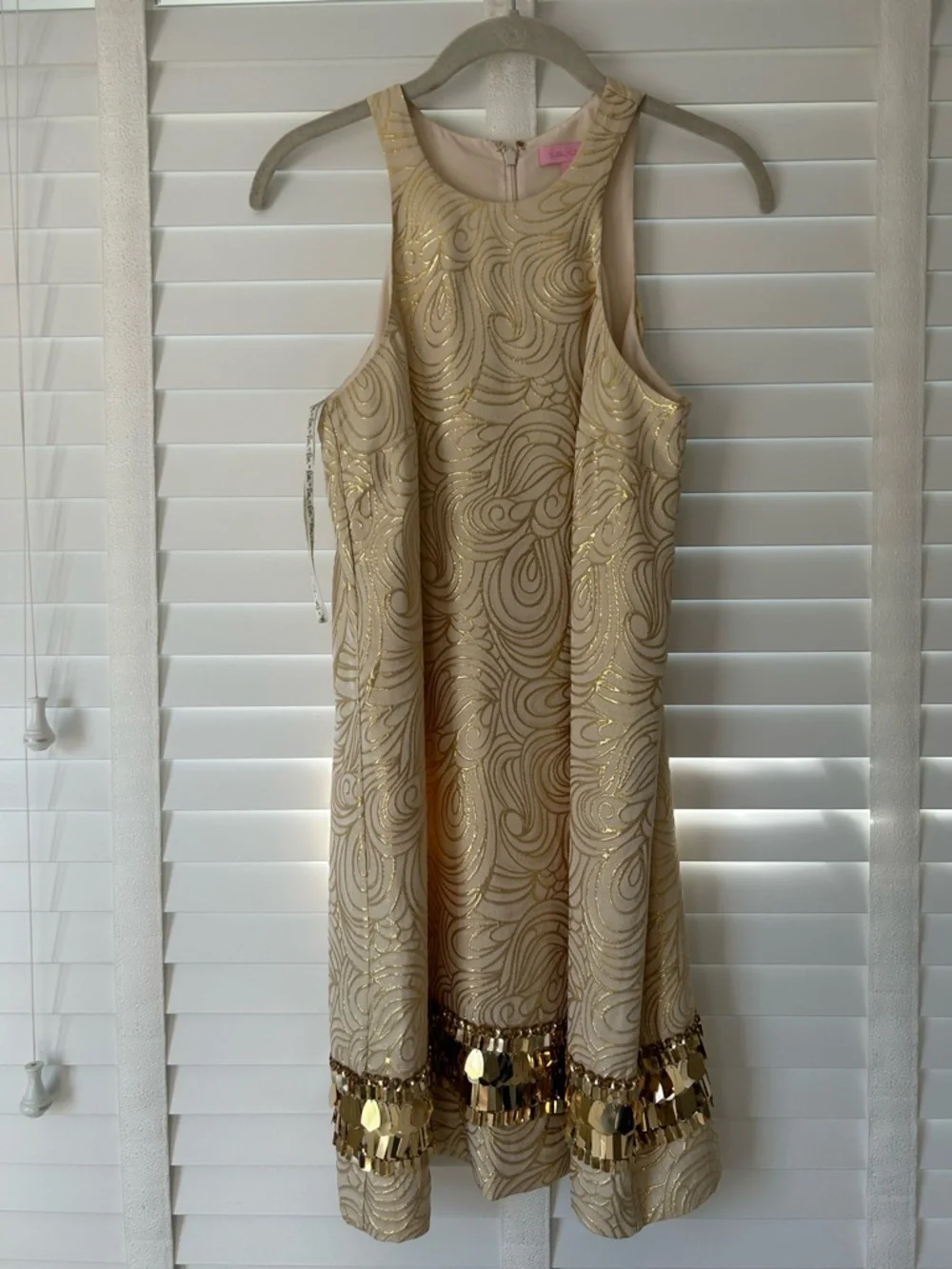 Lilly Pulitzer Shift Dress Gold Silk Mini Tan Sequins XS - Picture 2 of 9